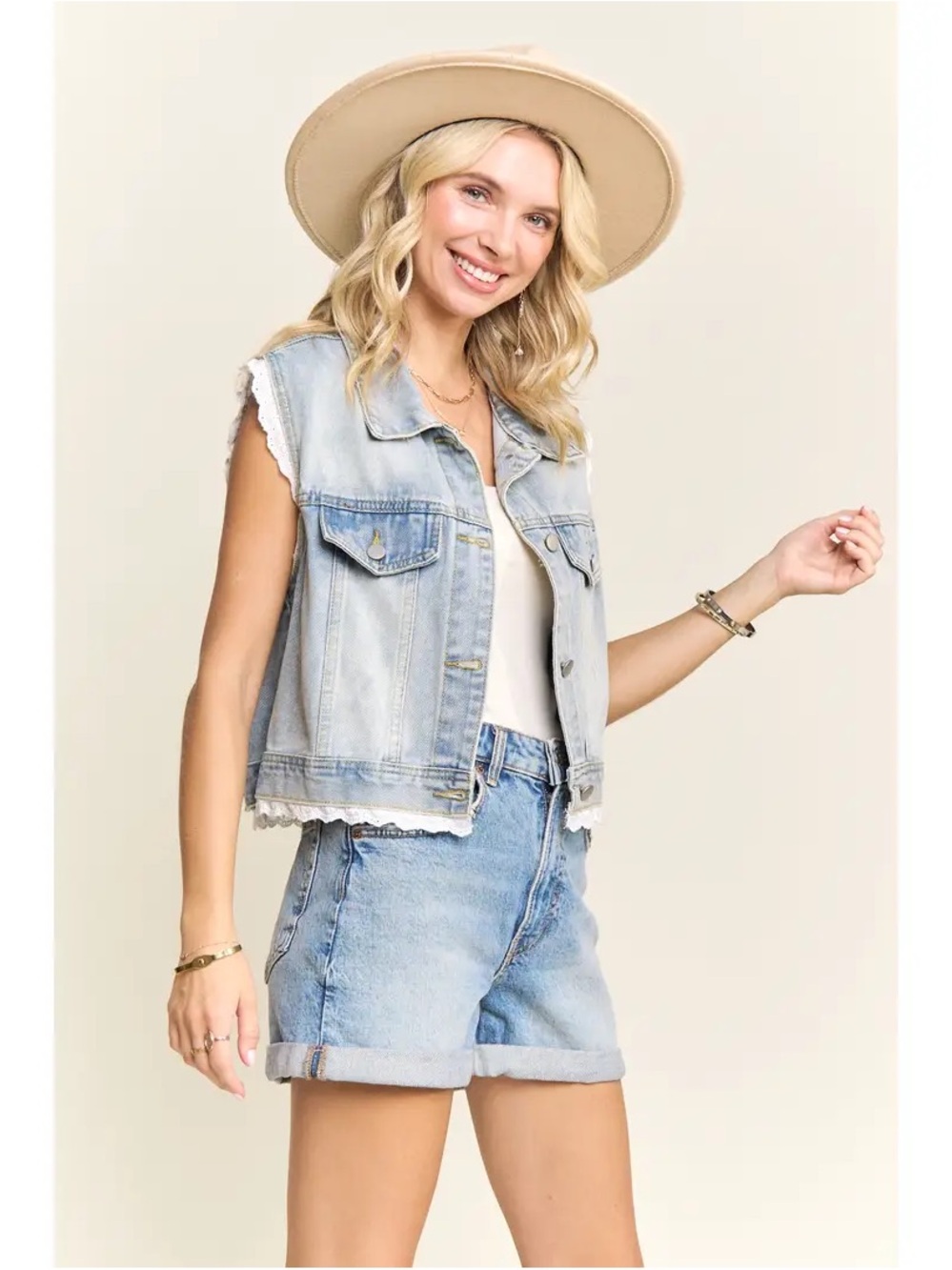Madelyn Light Blue Denim Vest with Lace Trim NWT